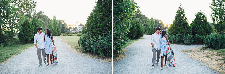 walking and kissing engagement photos