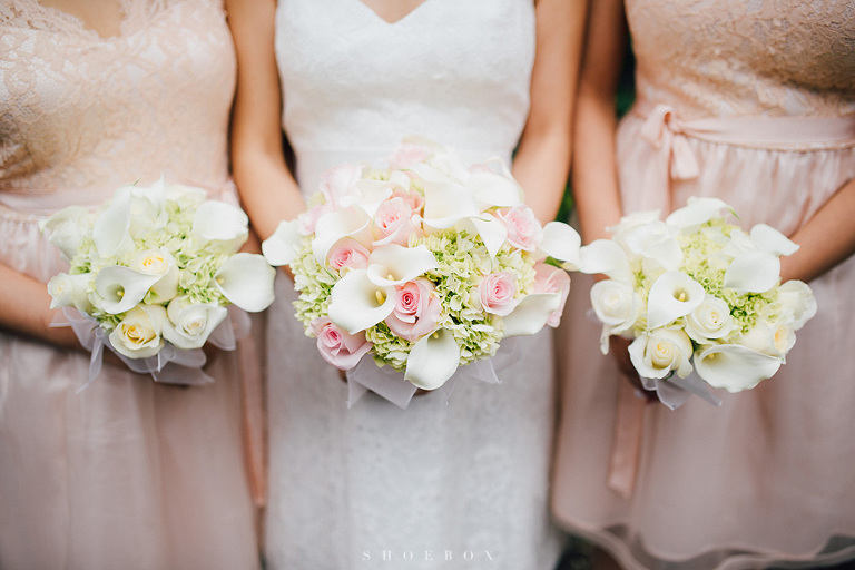 bridal party bouquet blush white and green