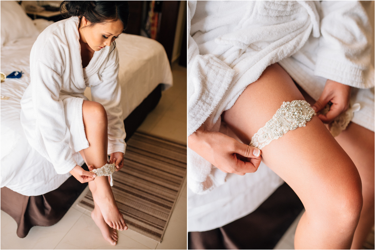 bride putting on garter