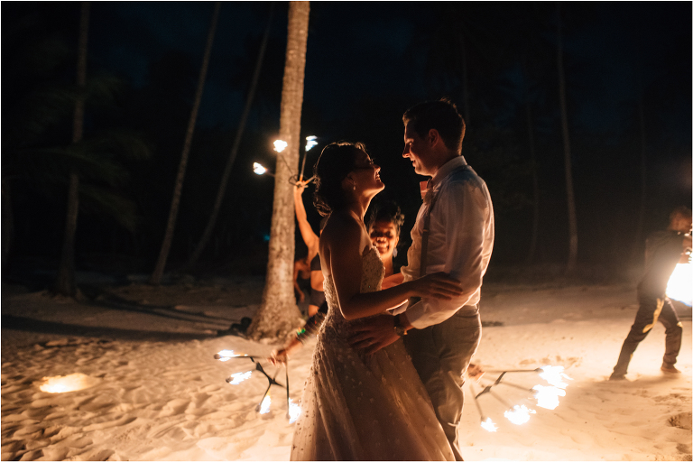 bride and groom in the fireshow
