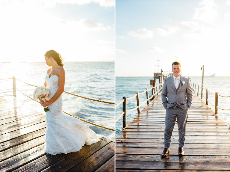 bride and groom on the pier