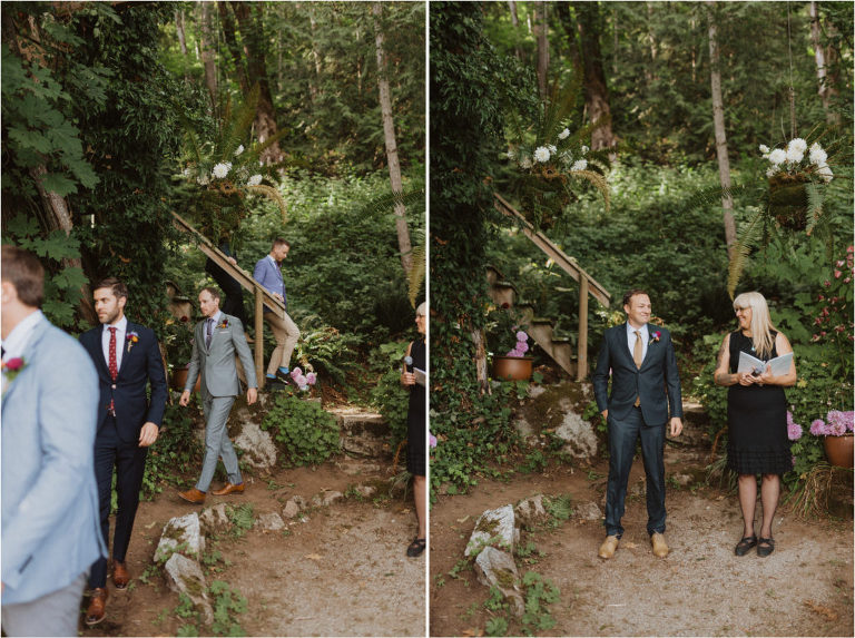 groomsmen coming down from treehouse for ceremony